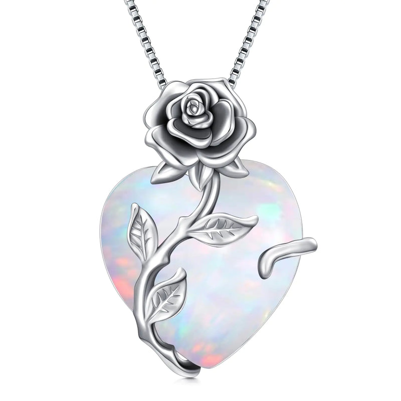 Opal Heart & Rose Pendant Necklace - Birthday & Holiday Gifts
