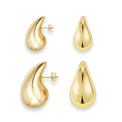 14K Gold-Plated Chunky Hoop & Teardrop Earring Set for Women – Lightweight, Waterproof, Hollow Open Design – Trendy Gold Jewelry